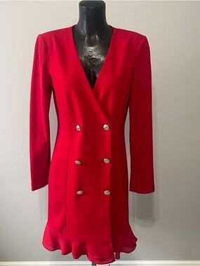 Karl Lagerfeld Red Double-Breasted Blazer Dress with Ruffle Hem Detail
